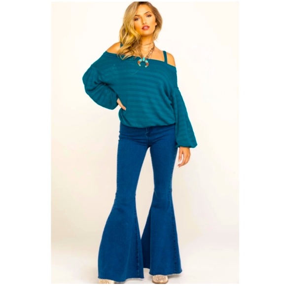 Free People Sweaters - Free People Sweater Off Shoulder Knit Blue Stretch Woven Top Blue